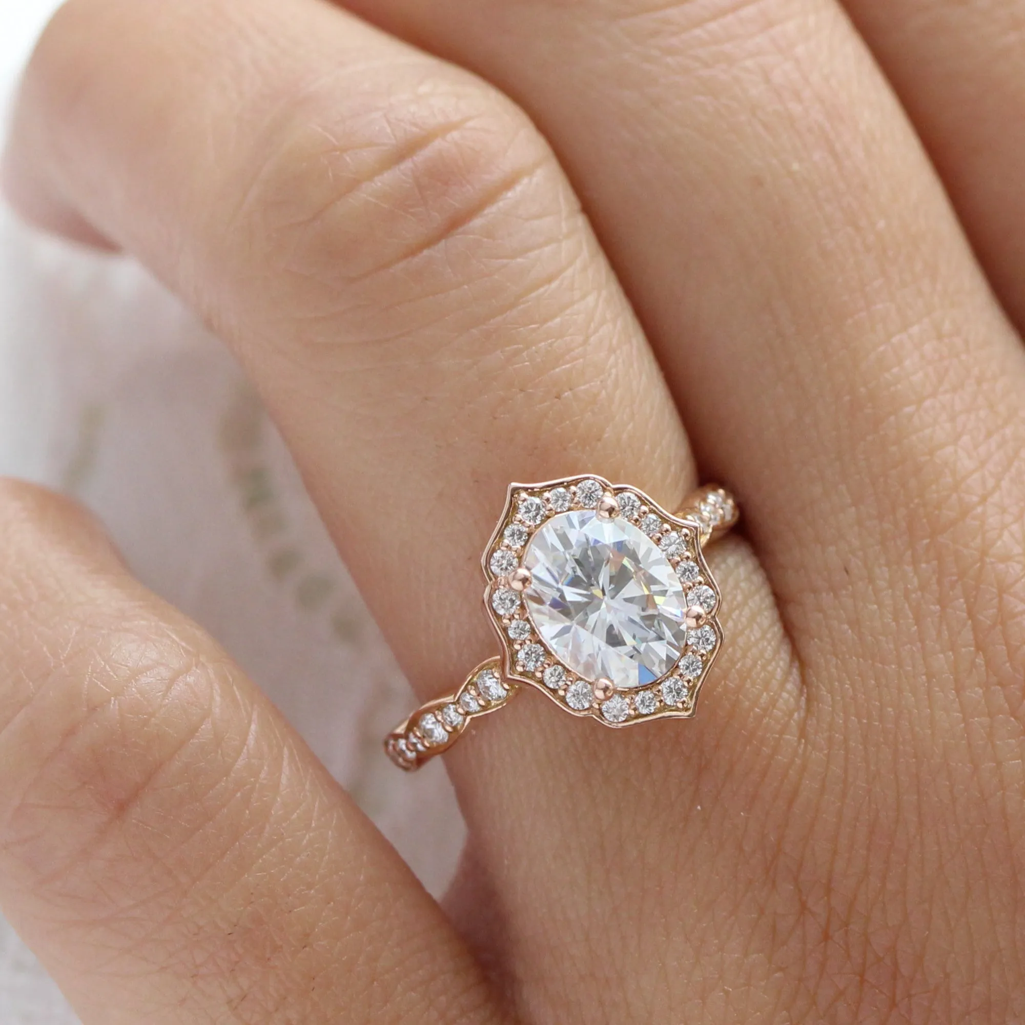 Large Oval Moissanite Engagement Ring in Vintage Floral Diamond Band