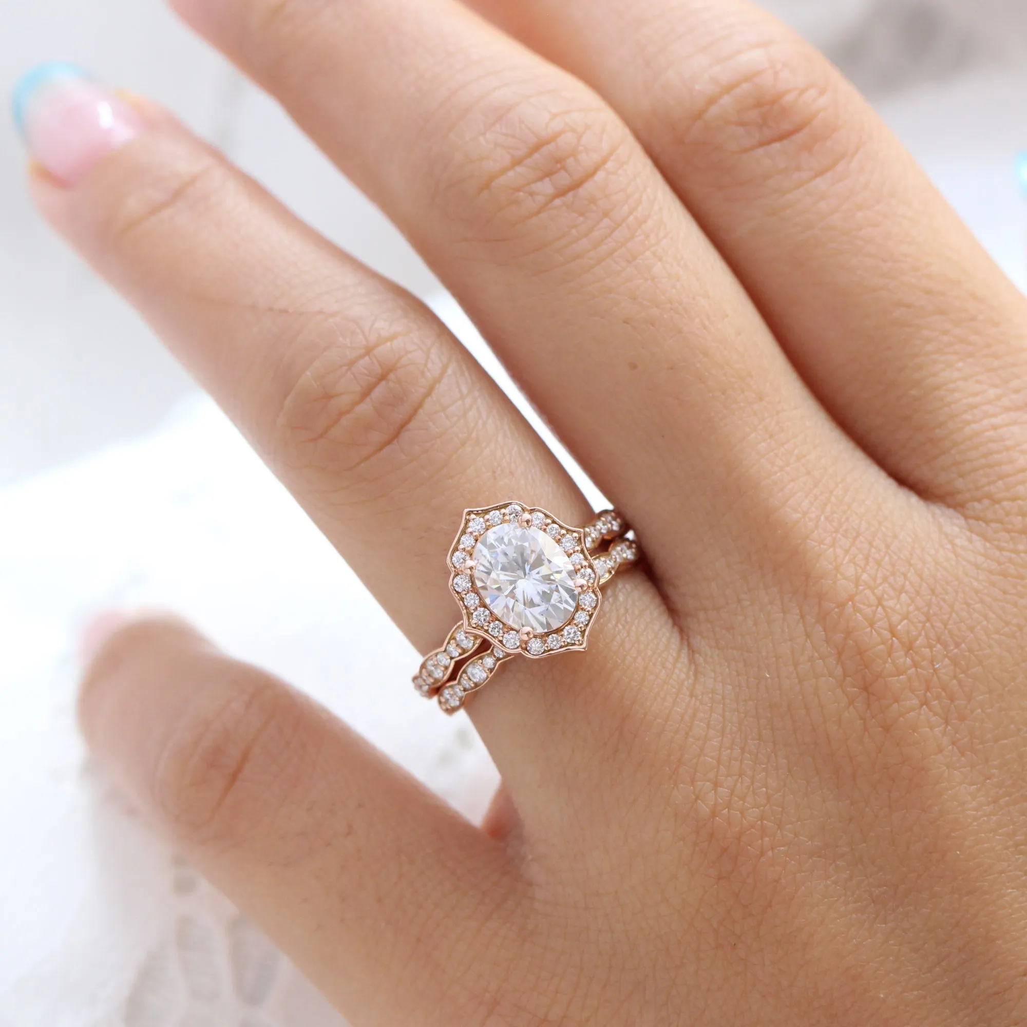 Large Oval Moissanite Engagement Ring in Vintage Floral Diamond Band