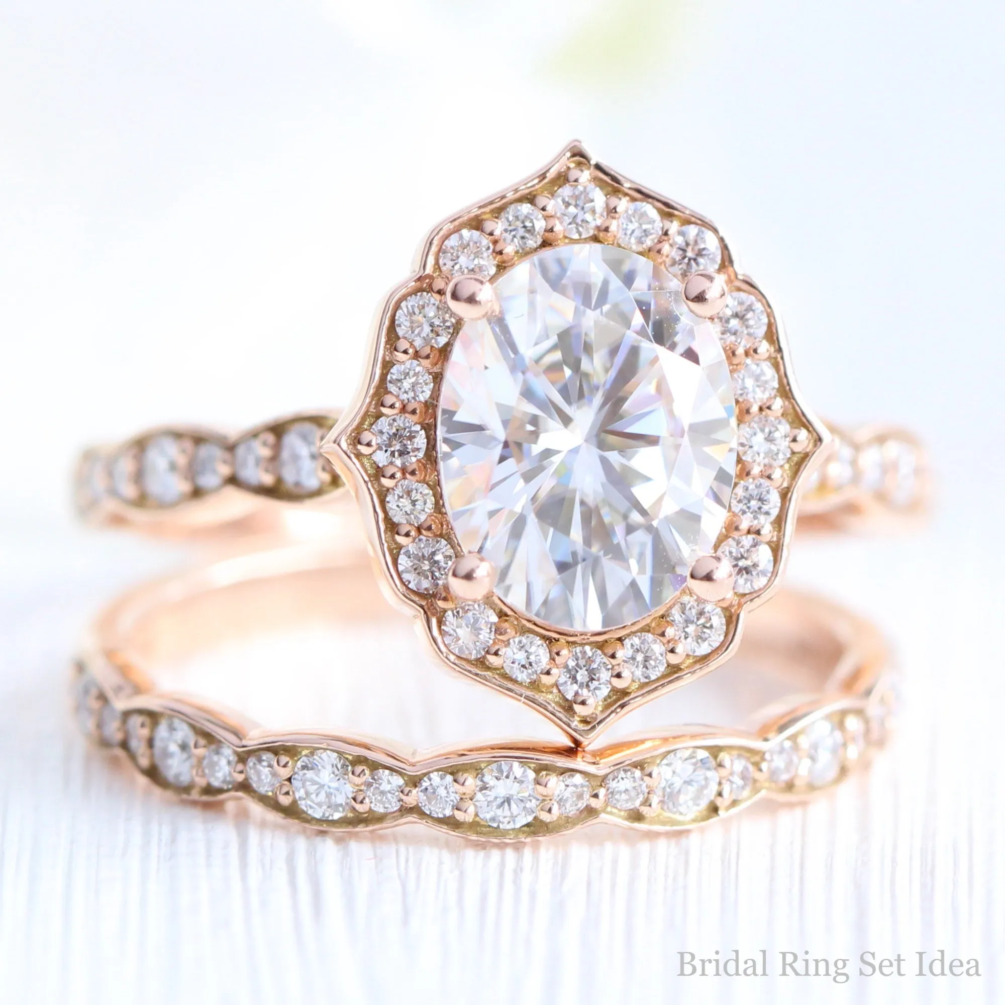 Large Oval Moissanite Engagement Ring in Vintage Floral Diamond Band