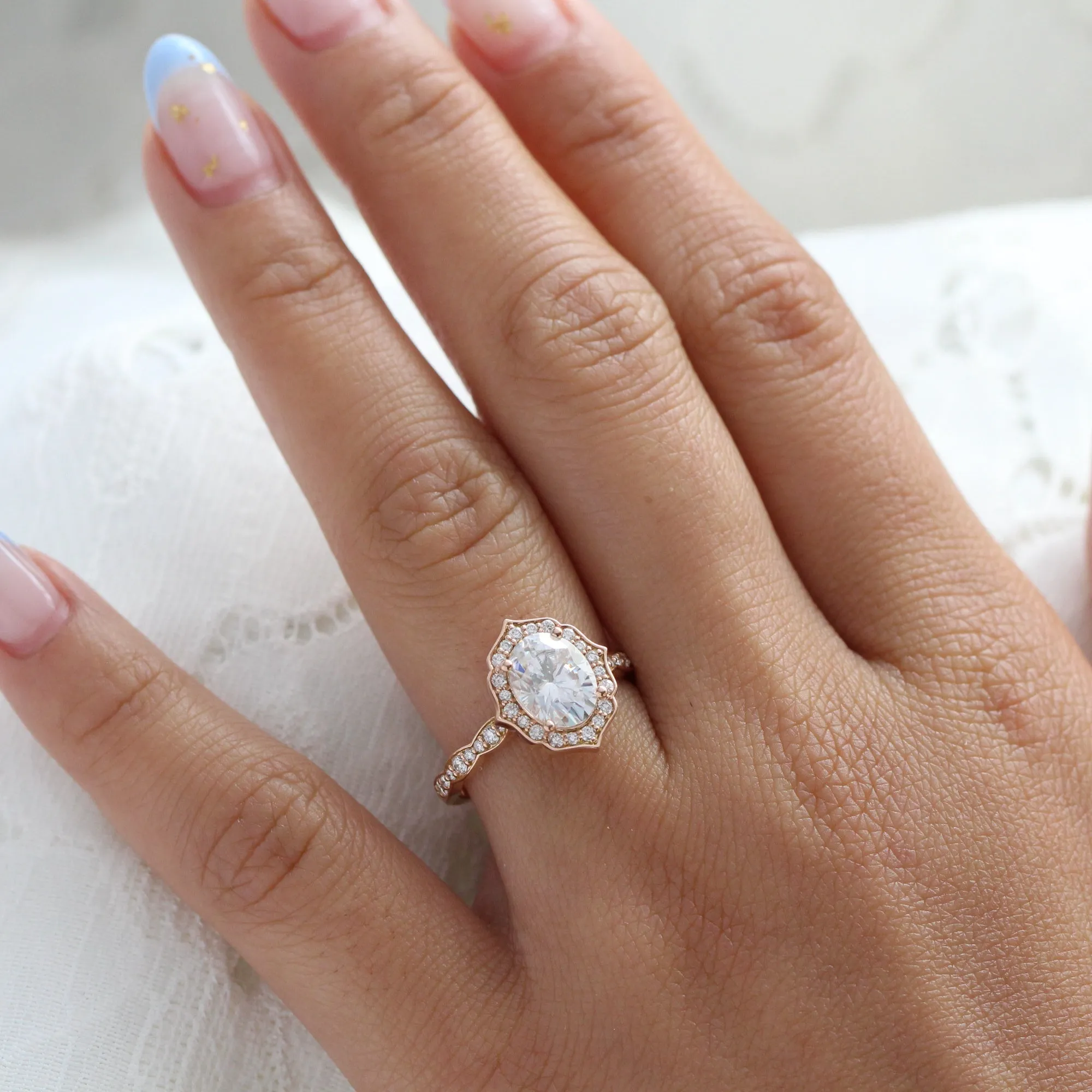 Large Oval Moissanite Engagement Ring in Vintage Floral Diamond Band