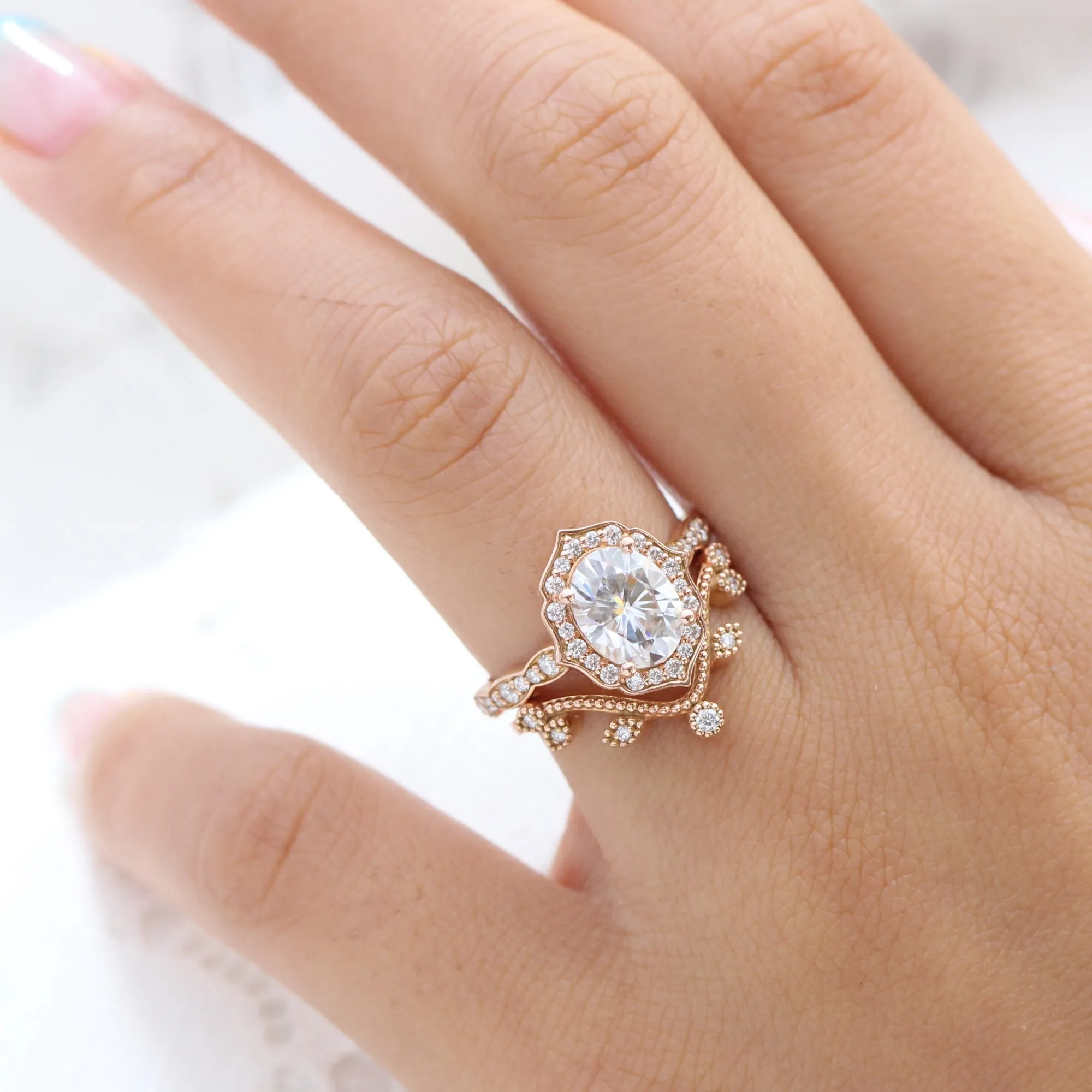 Large Oval Moissanite Engagement Ring in Vintage Floral Diamond Band