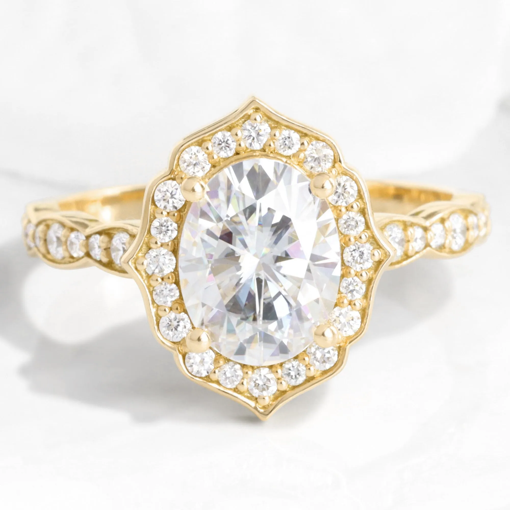 Large Oval Moissanite Engagement Ring in Vintage Floral Diamond Band