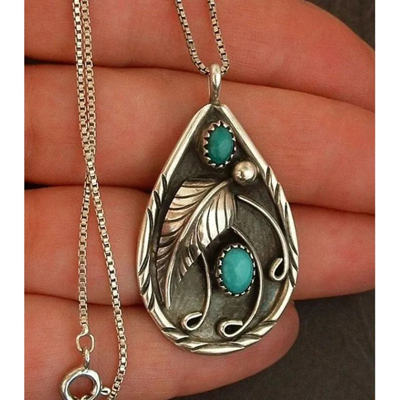 Leaf Turquoises Stone Pendant Necklace Bohemia Jewelry Statement Water Drop Metal Pendant Women's Necklace