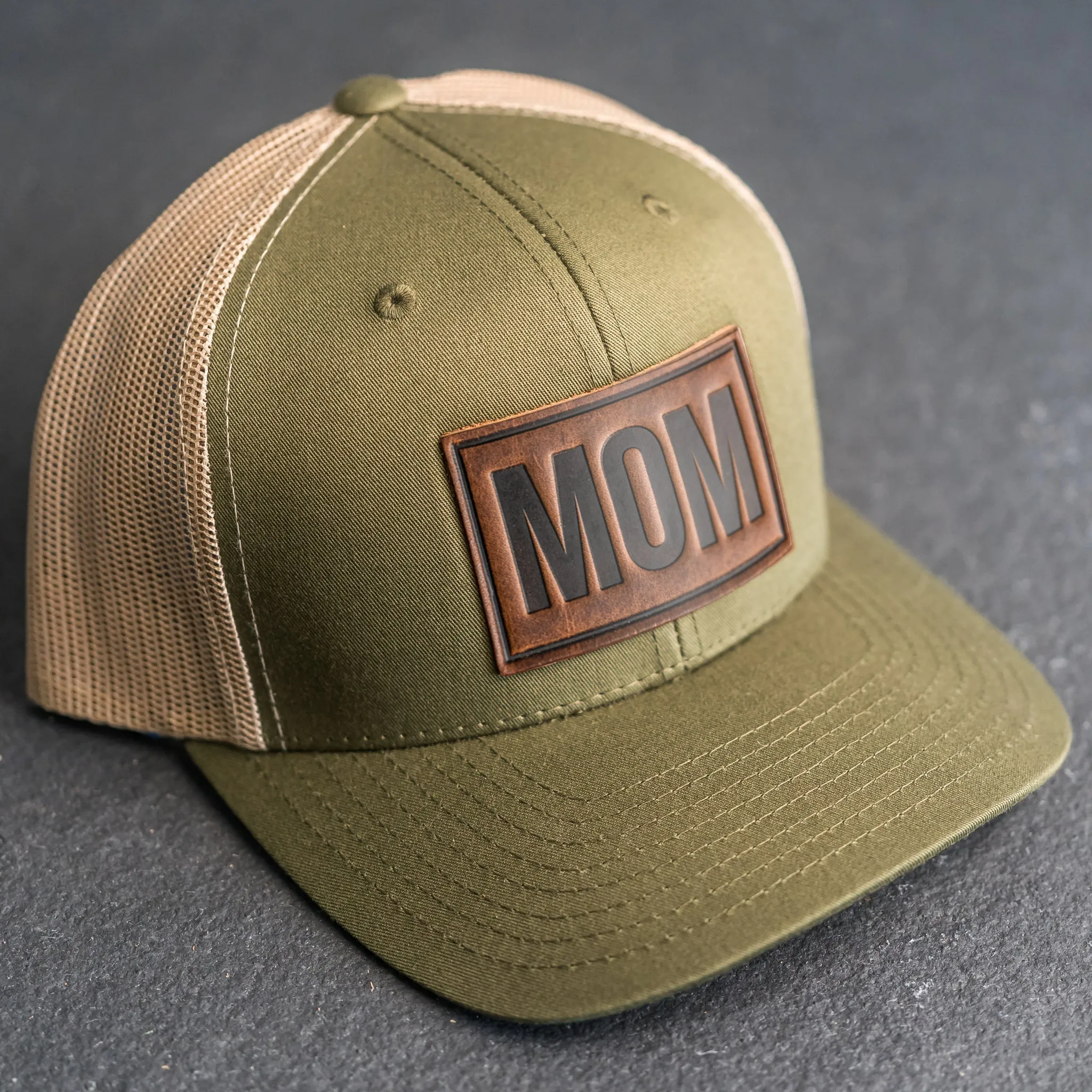 Leather Patch Trucker Style Hat - Mom Stamp - Block Font