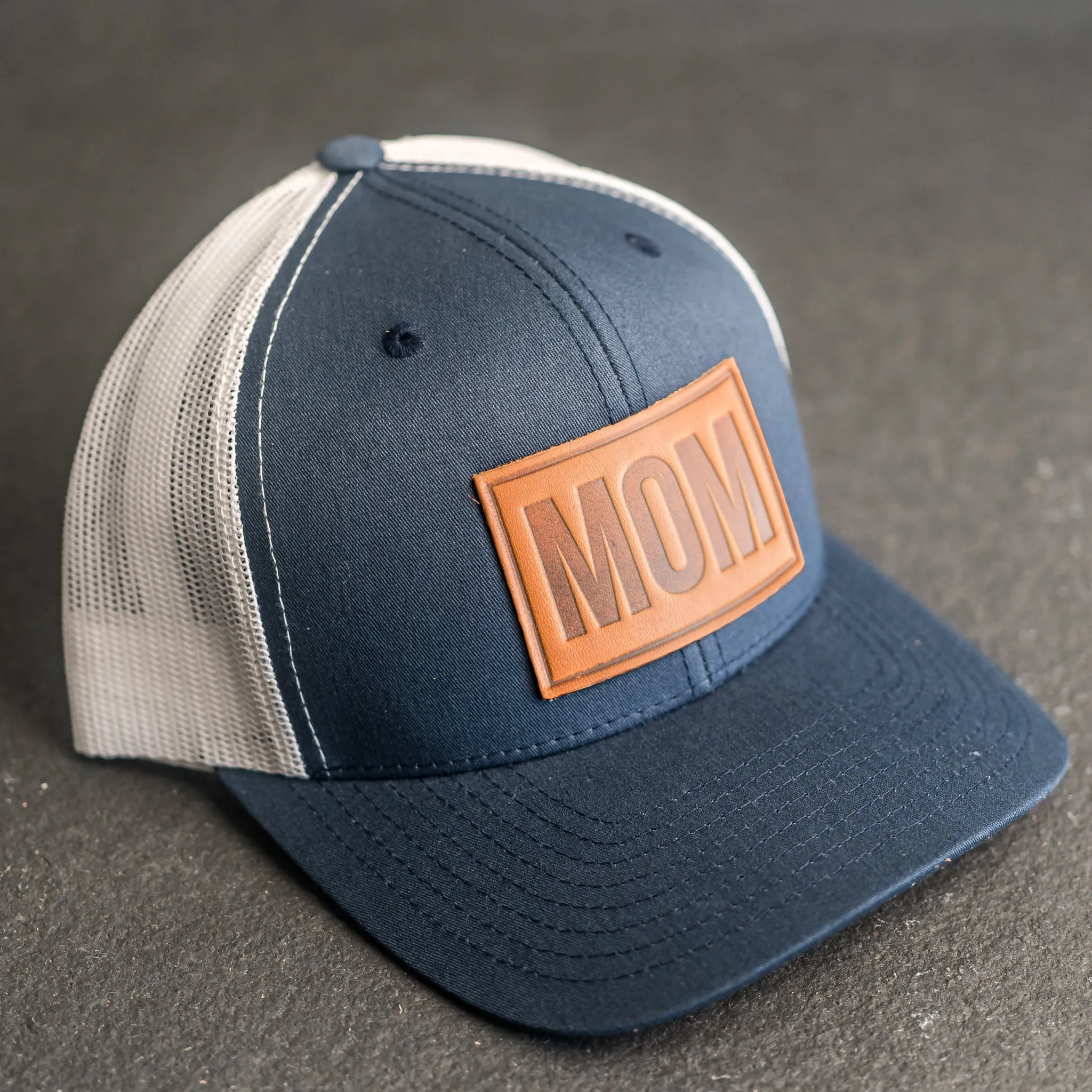 Leather Patch Trucker Style Hat - Mom Stamp - Block Font