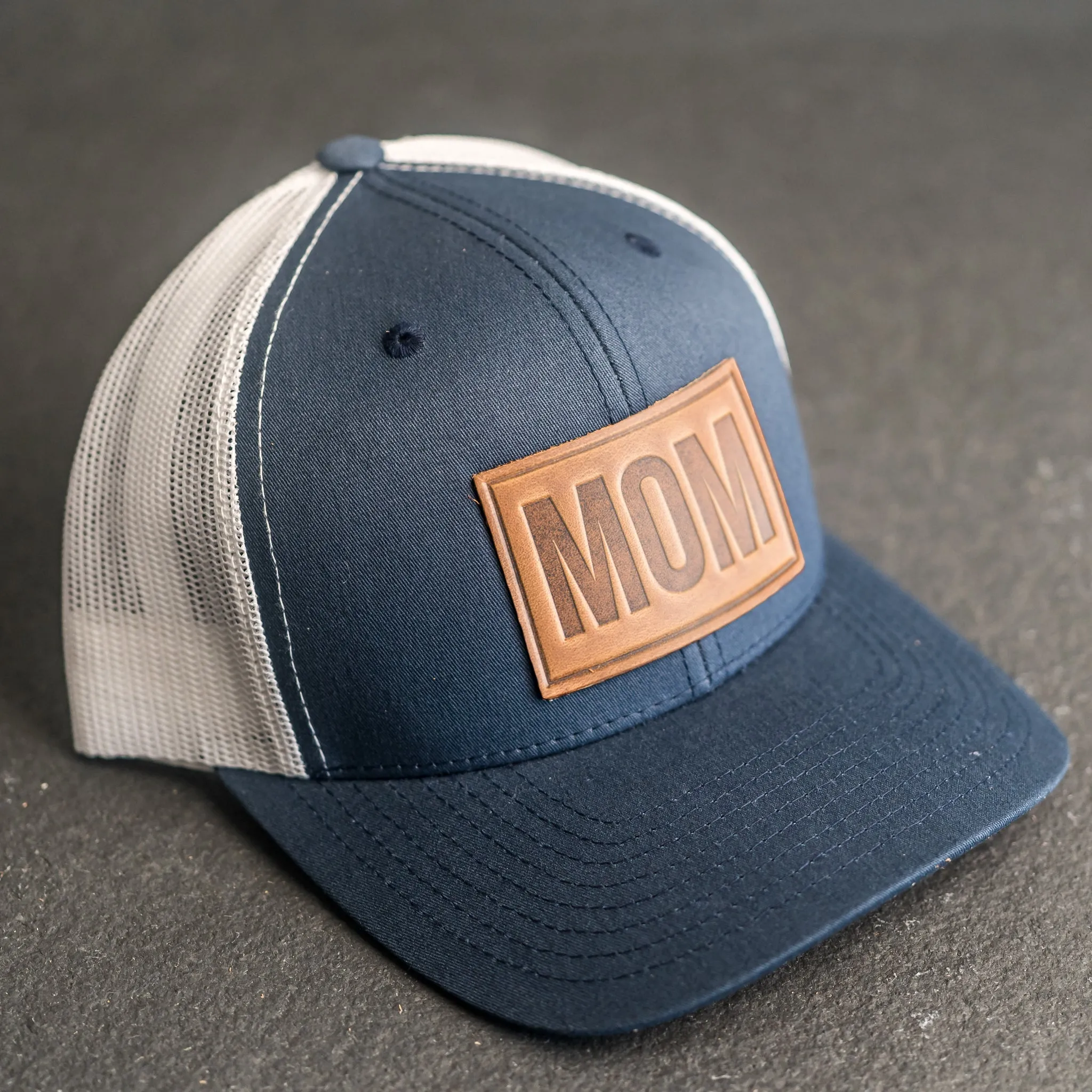 Leather Patch Trucker Style Hat - Mom Stamp - Block Font