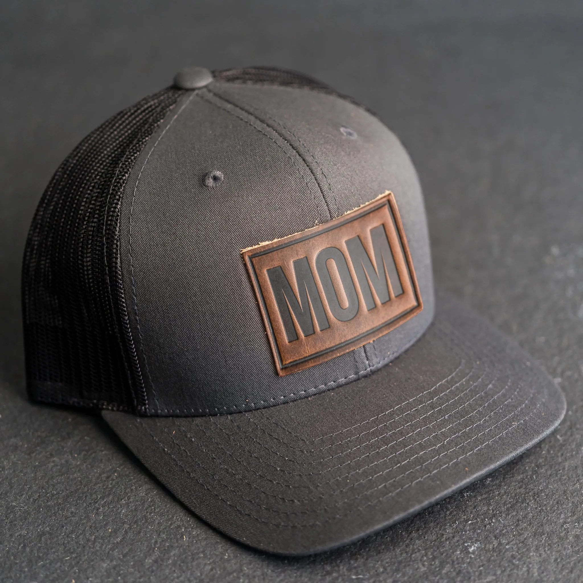 Leather Patch Trucker Style Hat - Mom Stamp - Block Font