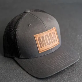 Leather Patch Trucker Style Hat - Mom Stamp - Block Font