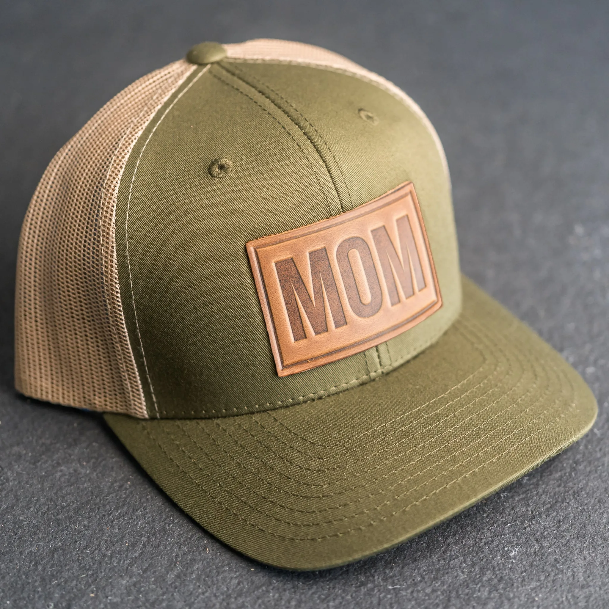 Leather Patch Trucker Style Hat - Mom Stamp - Block Font