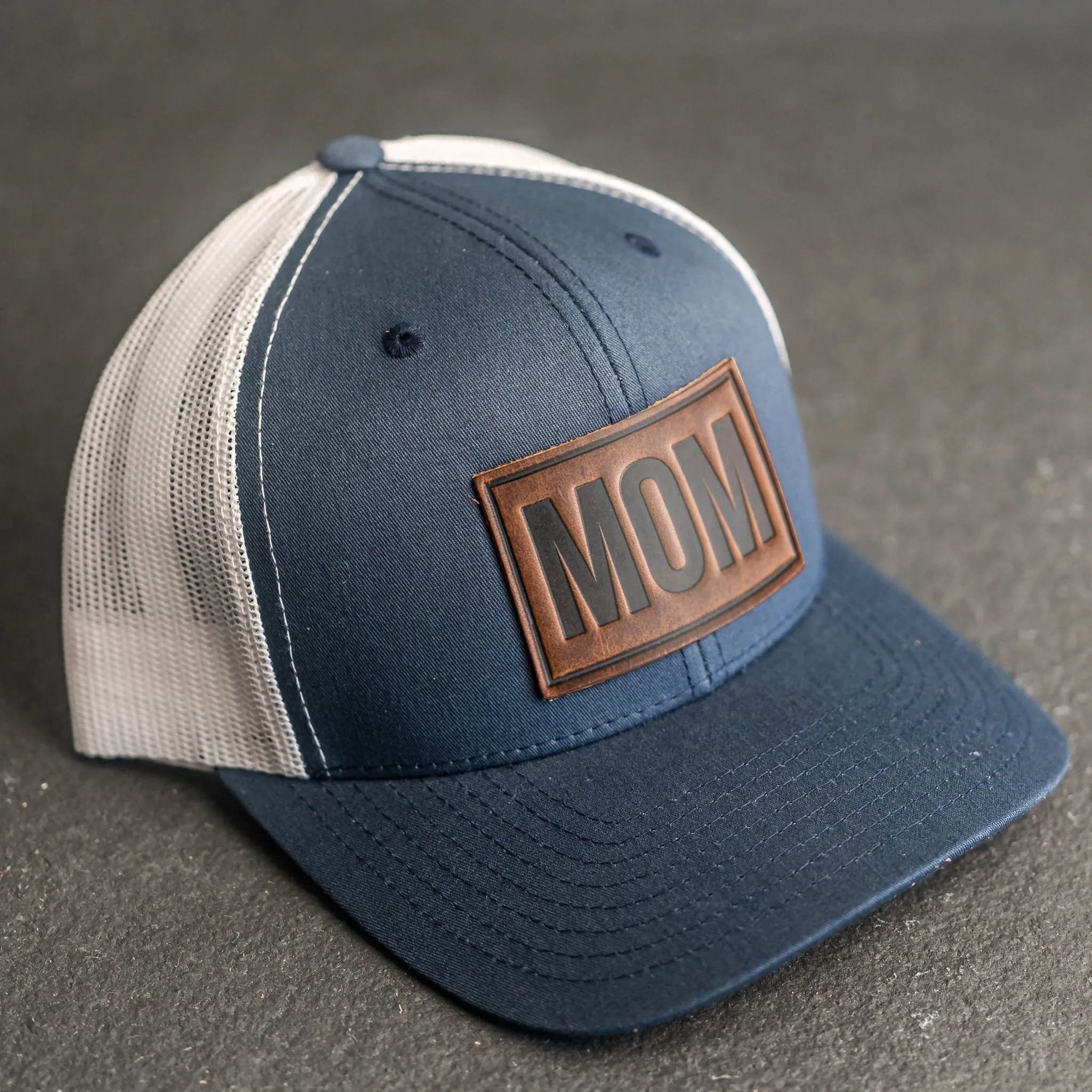 Leather Patch Trucker Style Hat - Mom Stamp - Block Font