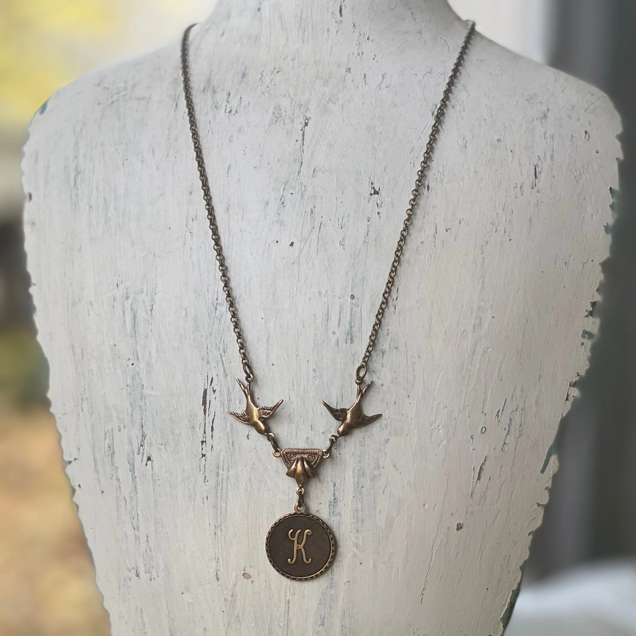 Letter Charm Necklace with Birds- in Antiqued Brass or Silver.