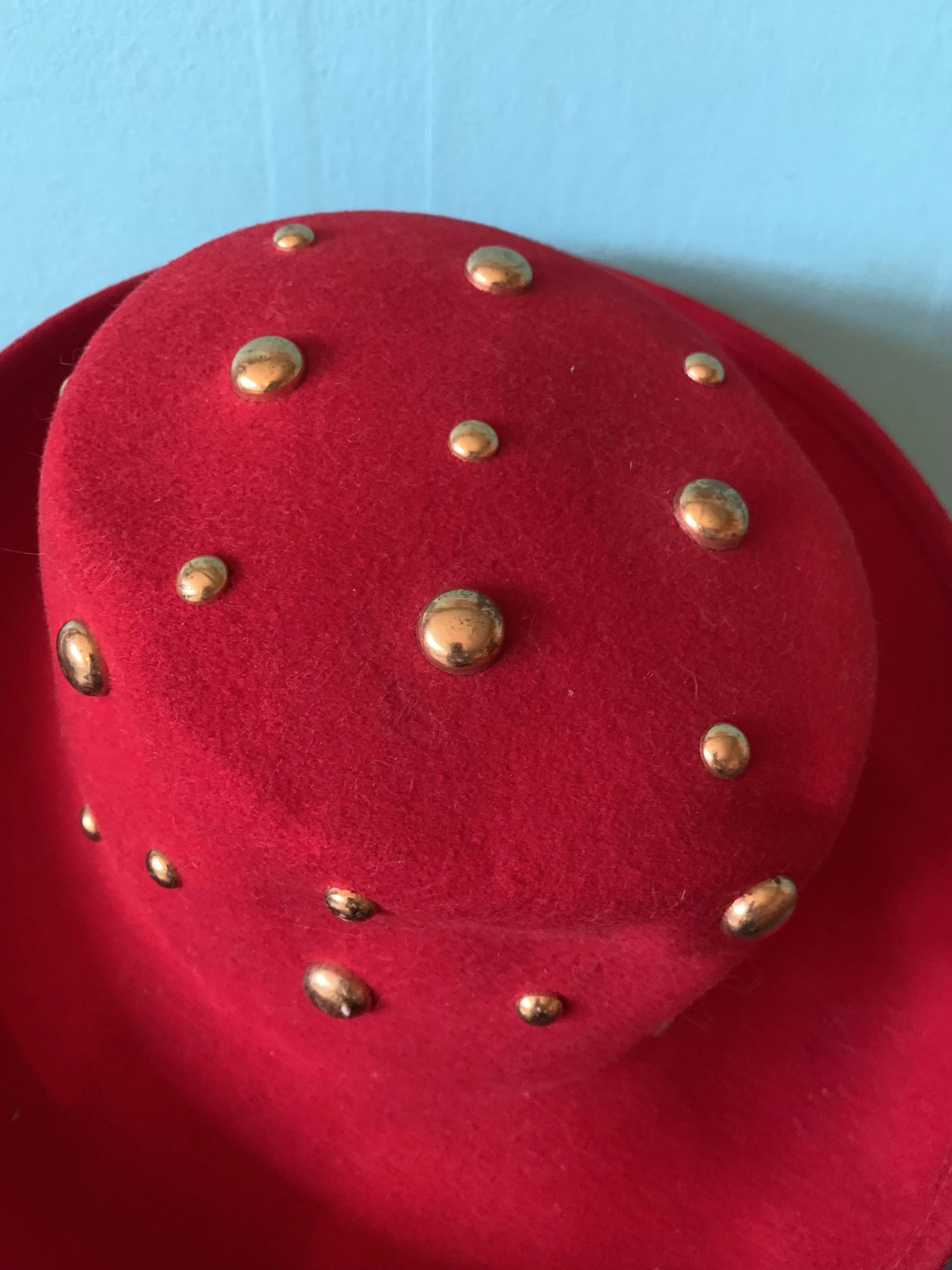 Lipstick Red Wool Hat with Golden Domed Metal Studs circa 1980s