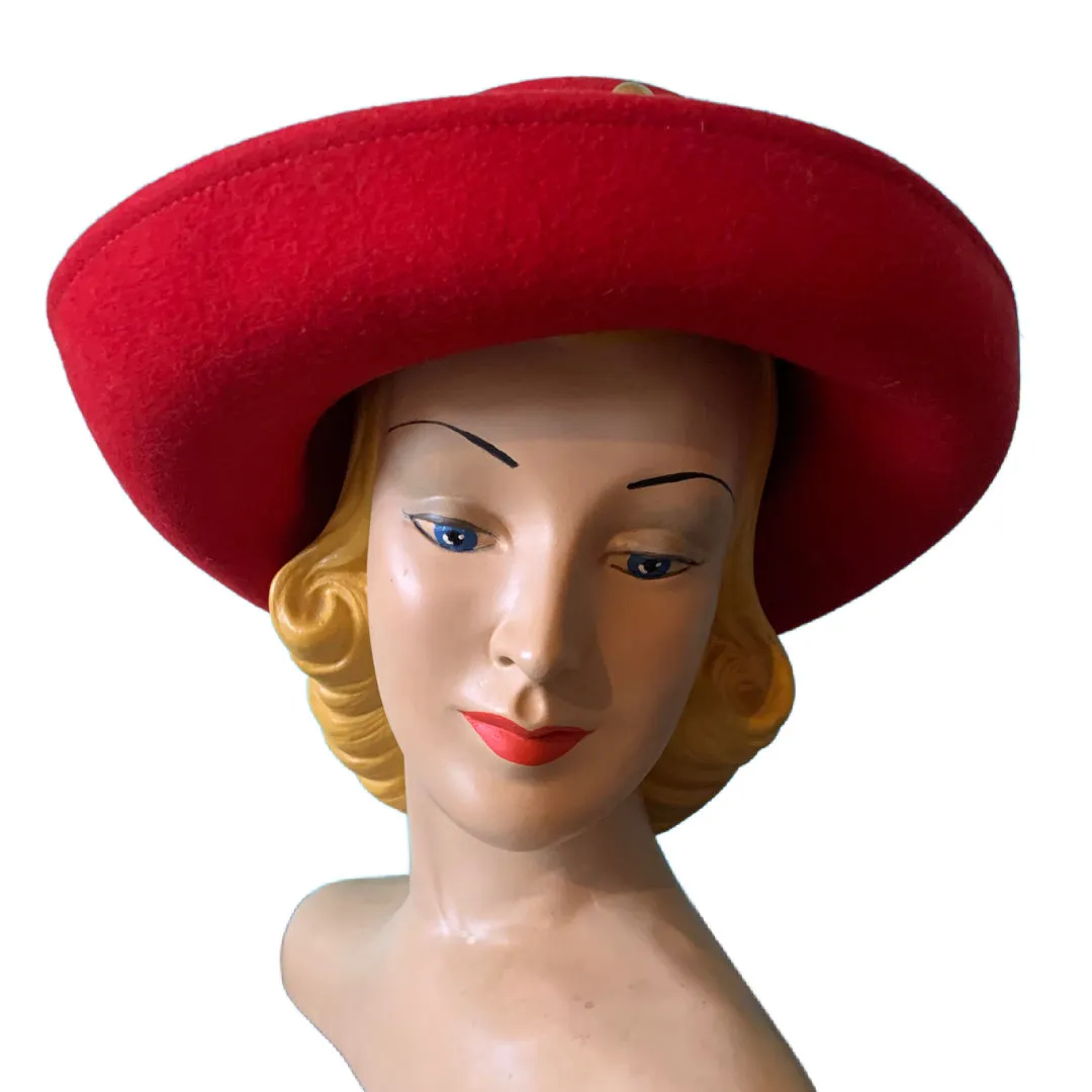 Lipstick Red Wool Hat with Golden Domed Metal Studs circa 1980s