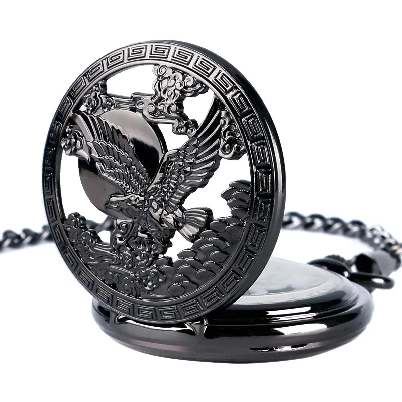 Mechanical Pocket Watch with Flying Eagle / Black Pendant Clock with Chain for Men and Women