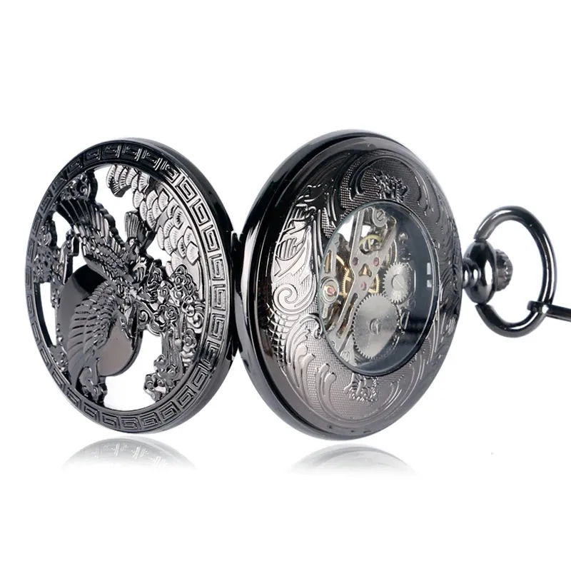 Mechanical Pocket Watch with Flying Eagle / Black Pendant Clock with Chain for Men and Women