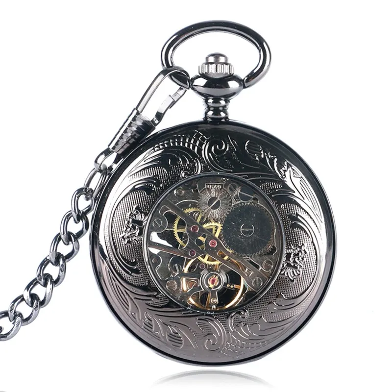 Mechanical Pocket Watch with Flying Eagle / Black Pendant Clock with Chain for Men and Women