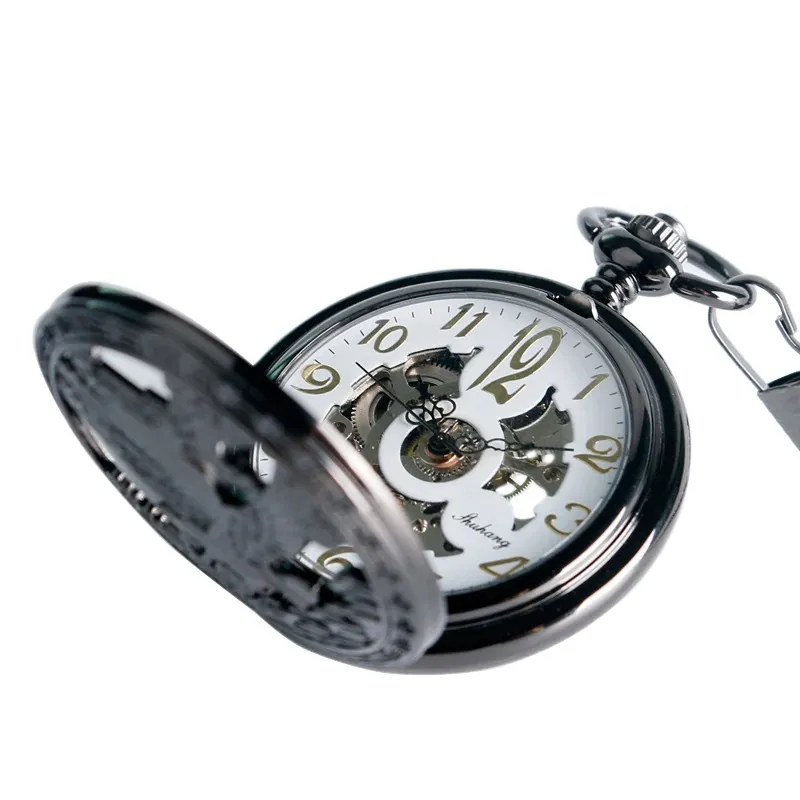 Mechanical Pocket Watch with Flying Eagle / Black Pendant Clock with Chain for Men and Women