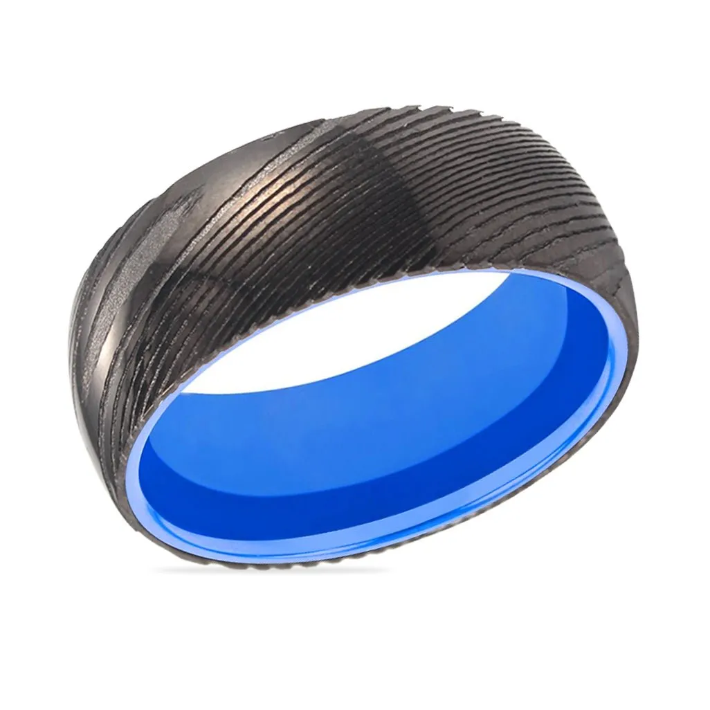 MEGAMIND | Blue Ring, Gunmetal Damascus Steel Ring, Domed