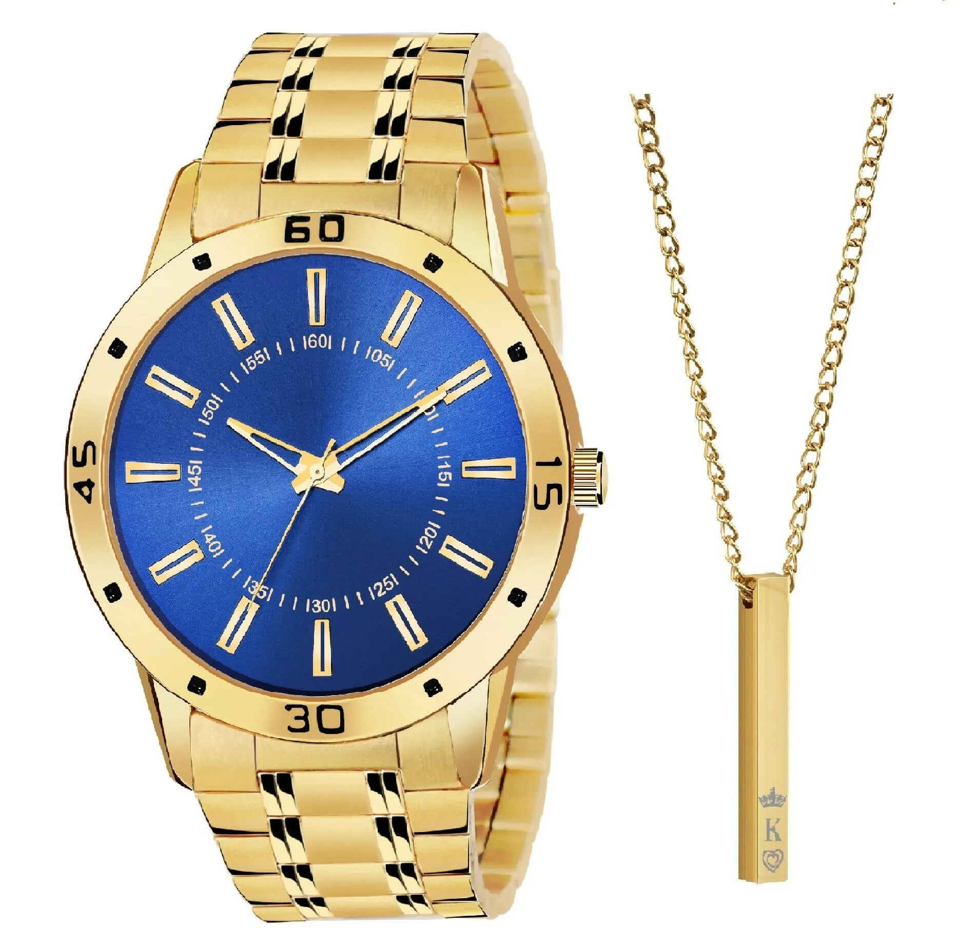 Men Gold Analog Watch Blue Dial With Gold Chain Pendant