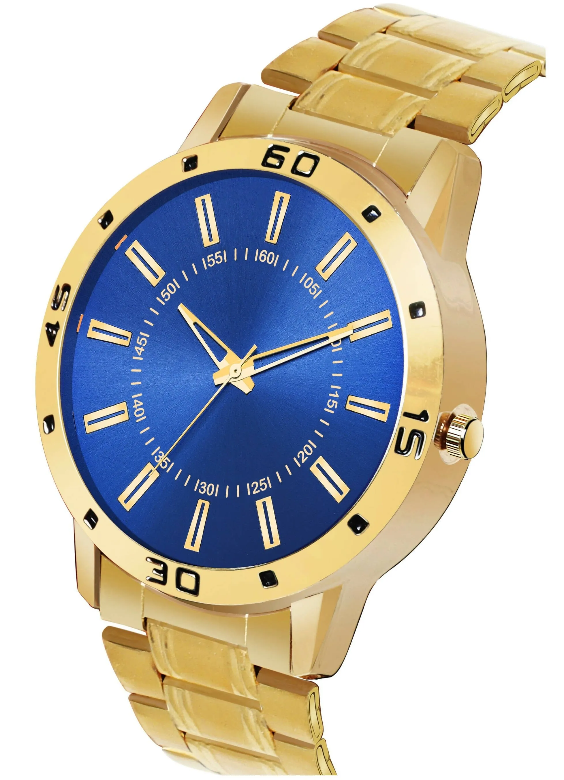 Men Gold Analog Watch Blue Dial With Gold Chain Pendant