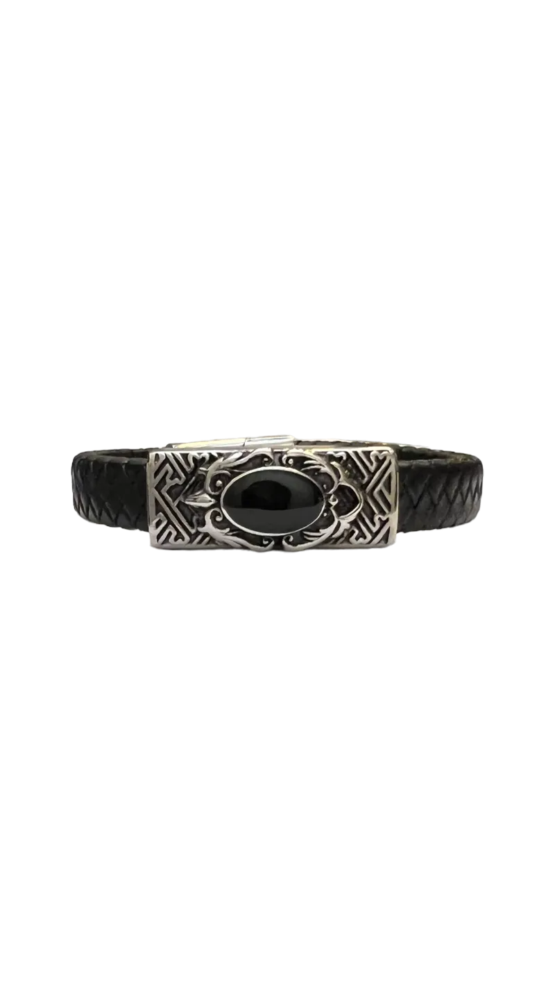 Men's Black Leather and Silver Fashion Design Bracelet