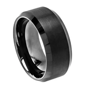 Mens Black Tungsten Wedding Band Brushed Center High Polish Beveled Edge - 10mm