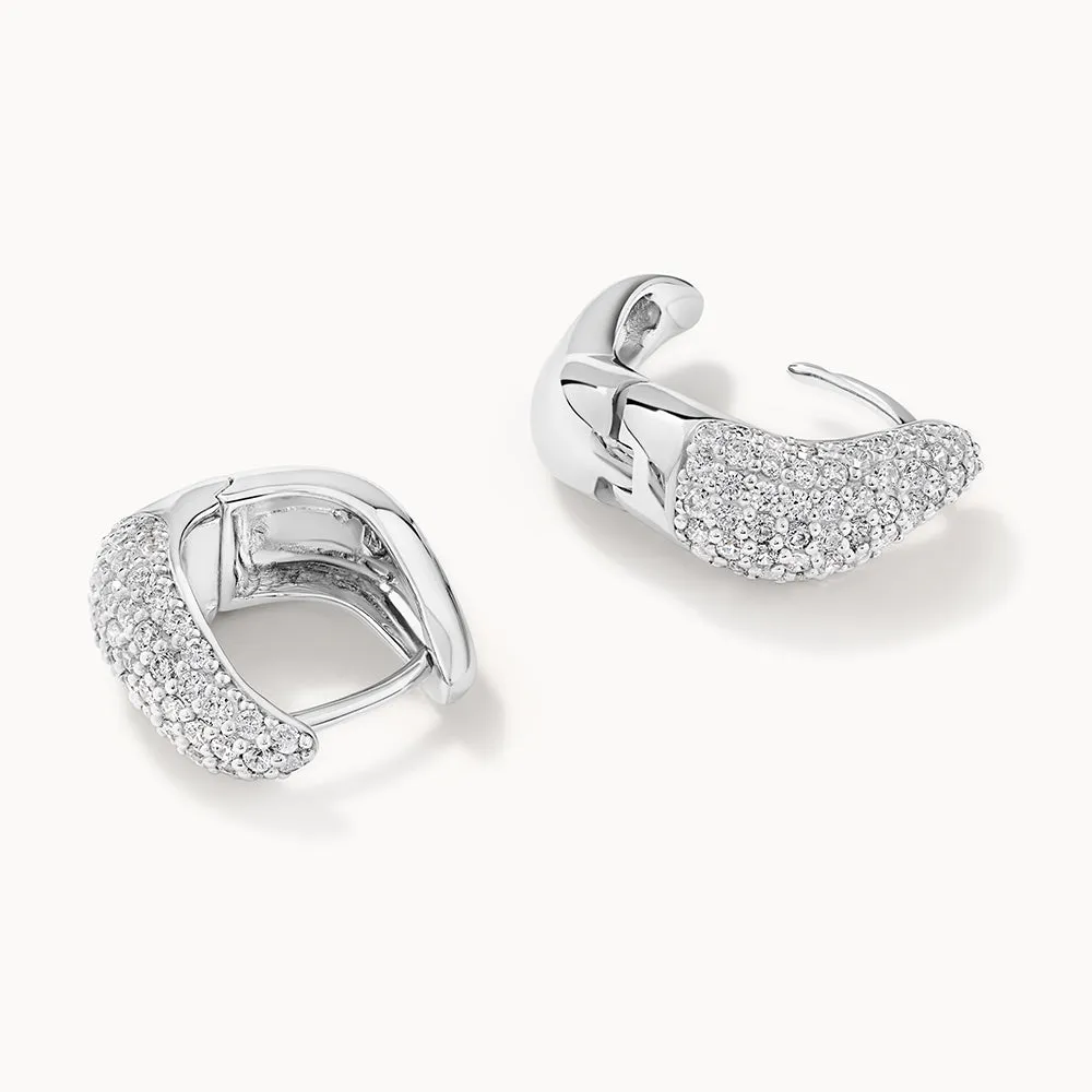 Midi White Topaz Pave Wave Dome Huggies in Silver