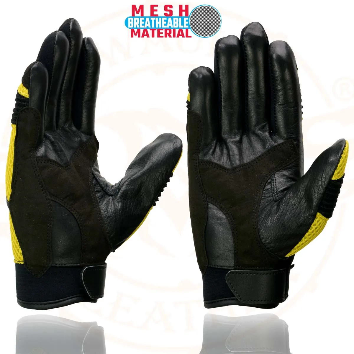 Milwaukee Leather SH791 Men's Black Leather and Yellow Mesh Combo Racing Motorcycle Hand Gloves W/ Elasticized Fingers