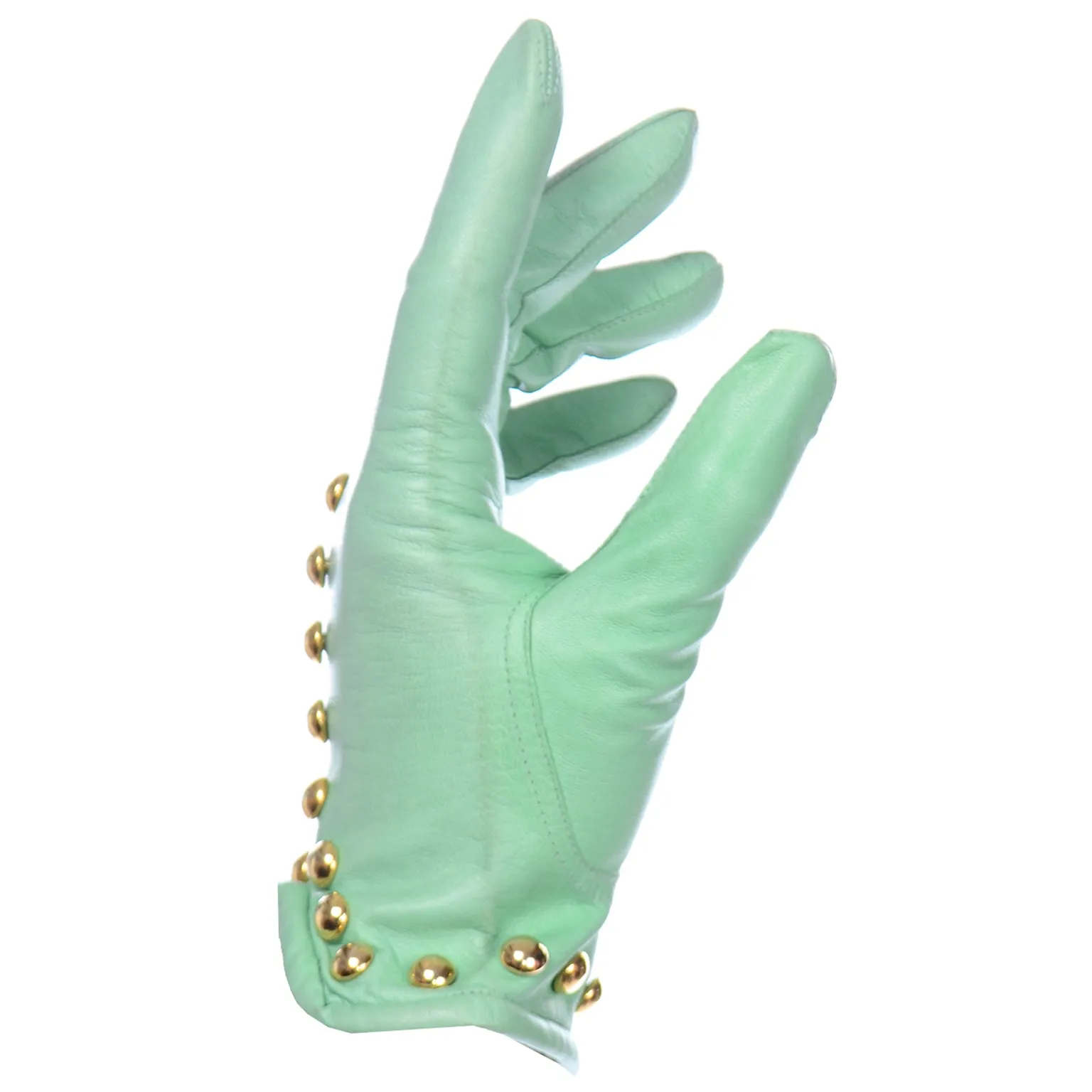 Mint Green Escada Margaretha Ley Leather Gloves With Gold Studs