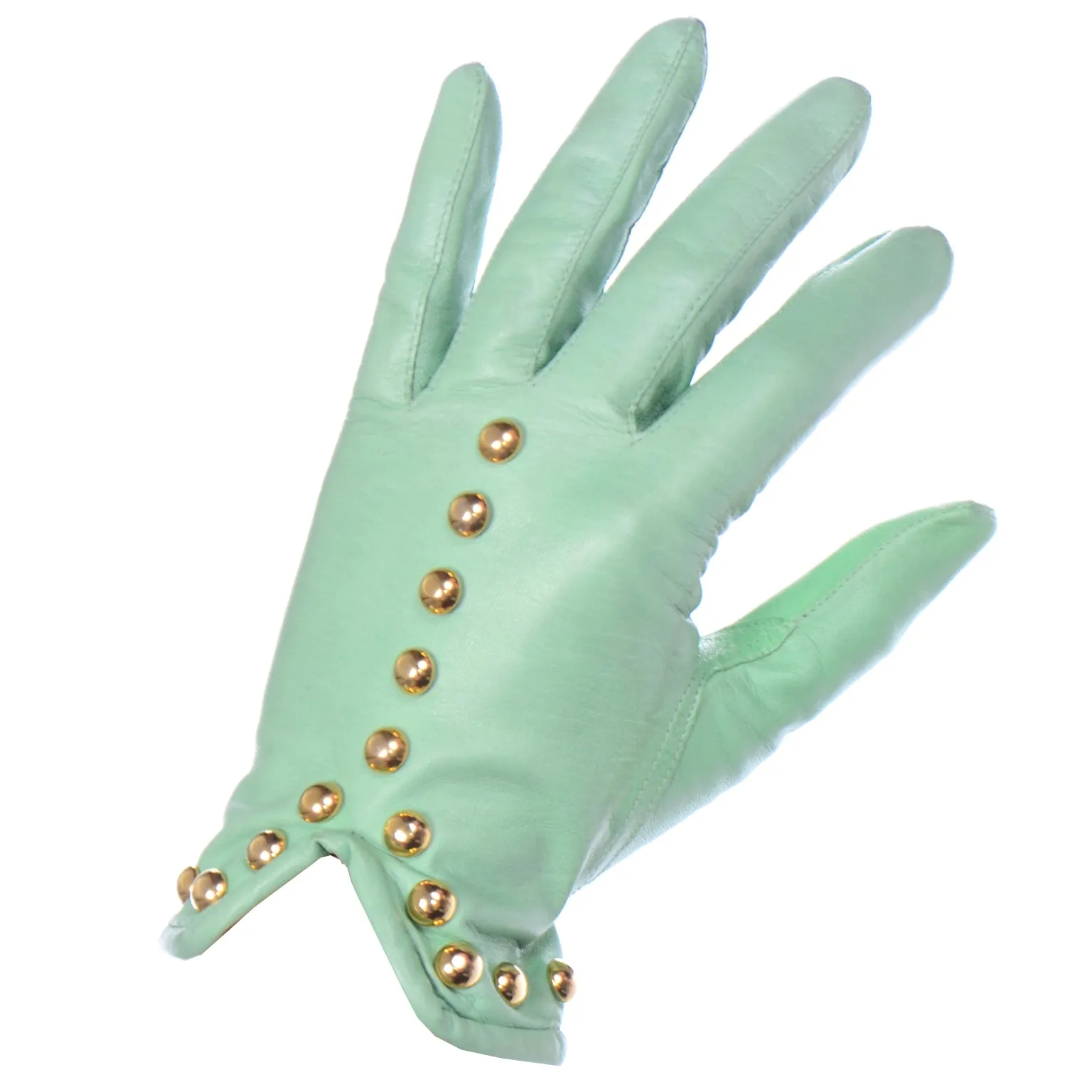 Mint Green Escada Margaretha Ley Leather Gloves With Gold Studs