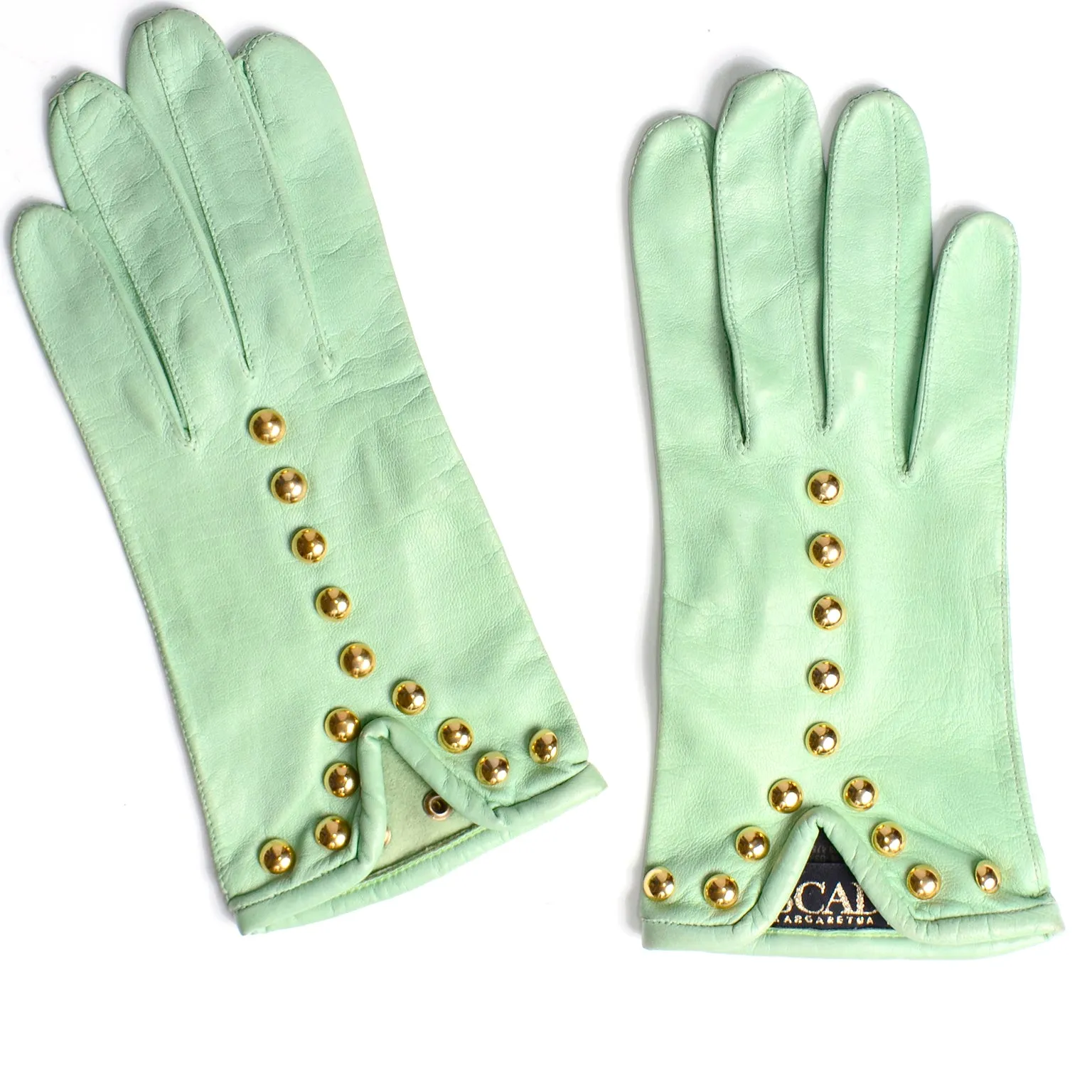 Mint Green Escada Margaretha Ley Leather Gloves With Gold Studs