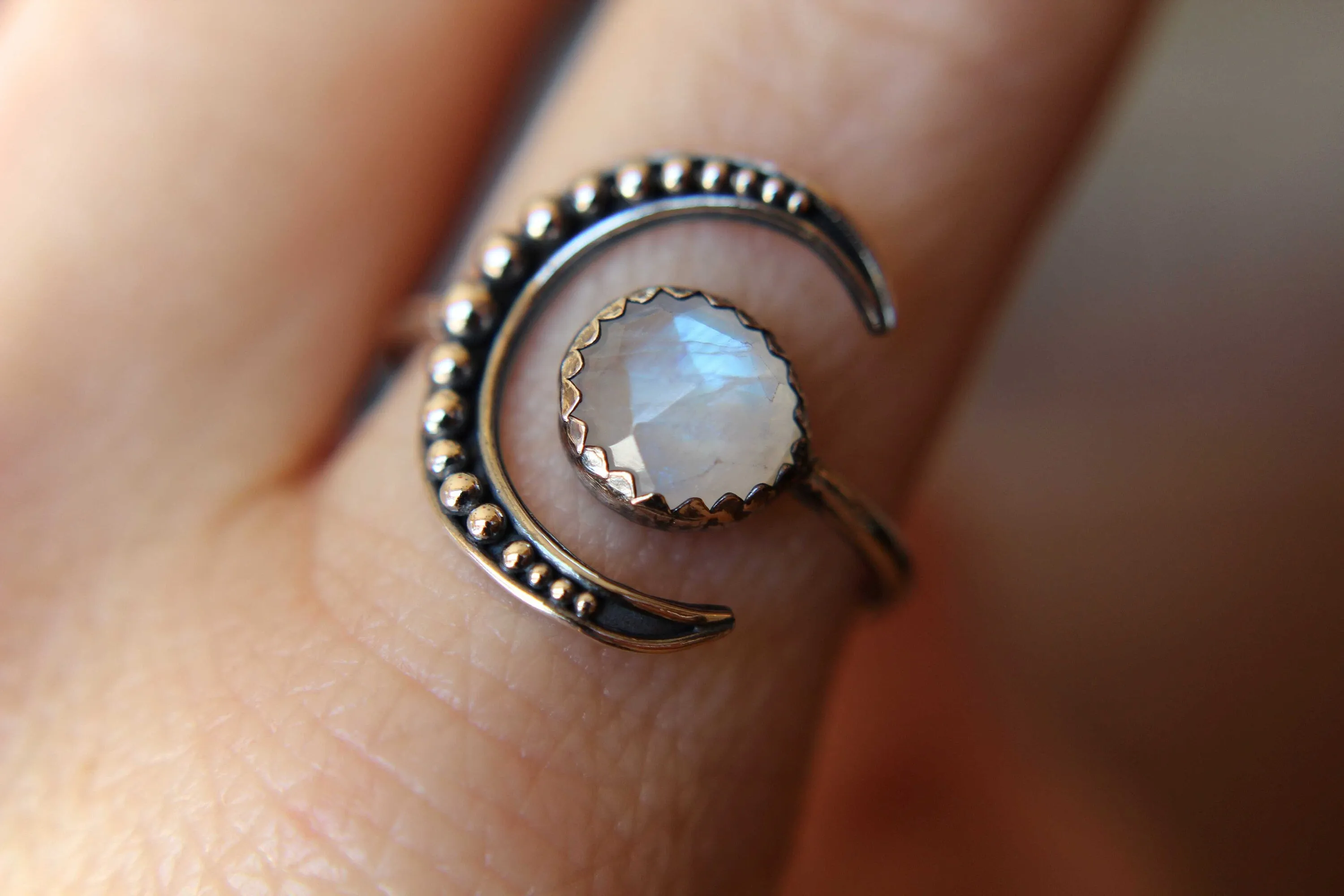 Moon Ring, Moonstone Ring, Crescent Moon Ring, Faceted Moonstone Ring, Beaded Moon Ring, Crescent Moon, Moon Jewelry, Moonstone Jewelry,Gift