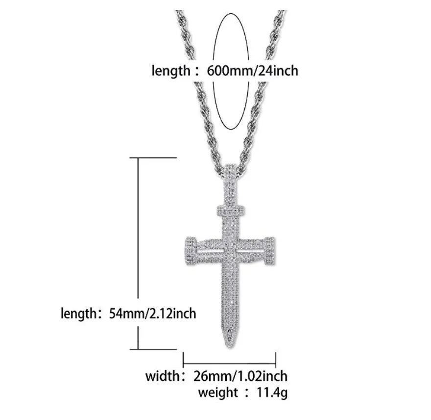 Nail Cross Necklace Simulated Diamond Cross Pendant Silver Color Metal Alloy Hip Hop Jewelry Iced Out Jesus Nail Cross 24in.