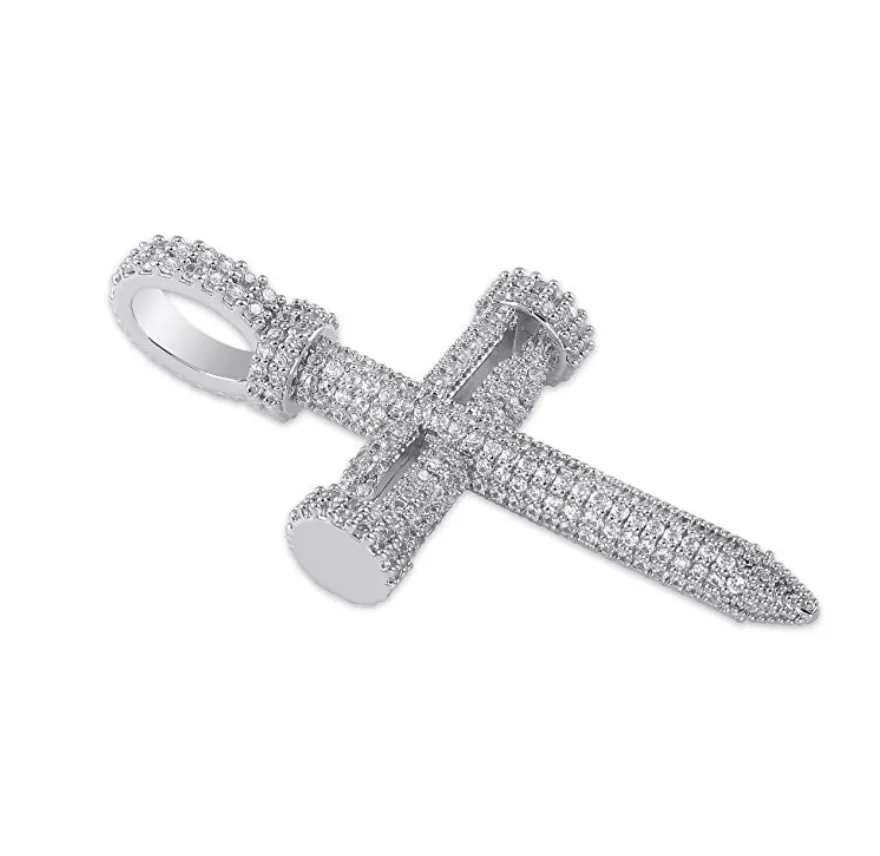 Nail Cross Necklace Simulated Diamond Cross Pendant Silver Color Metal Alloy Hip Hop Jewelry Iced Out Jesus Nail Cross 24in.