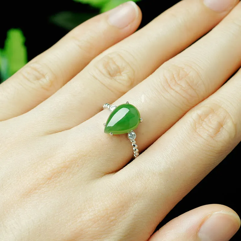 Natural Jade Ring Nephrite Silver Zircon Adjustable Ring ZNRG111