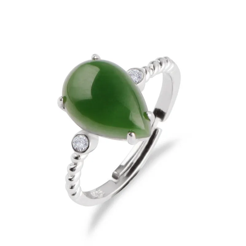 Natural Jade Ring Nephrite Silver Zircon Adjustable Ring ZNRG111