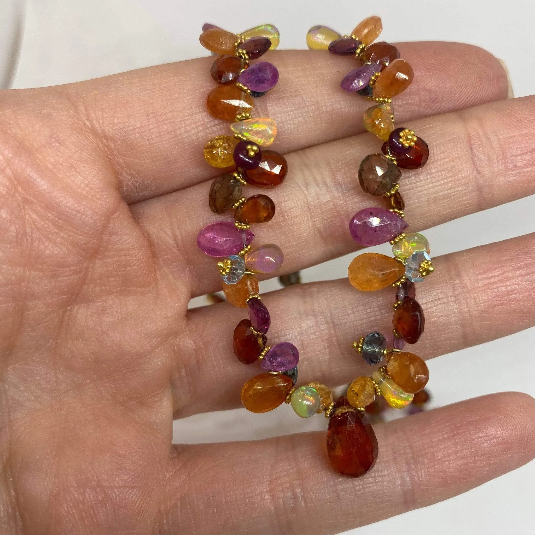 Natural Multi Colored Gemstone Necklace Summer Briolette Garnet Opal Sap. 18KY