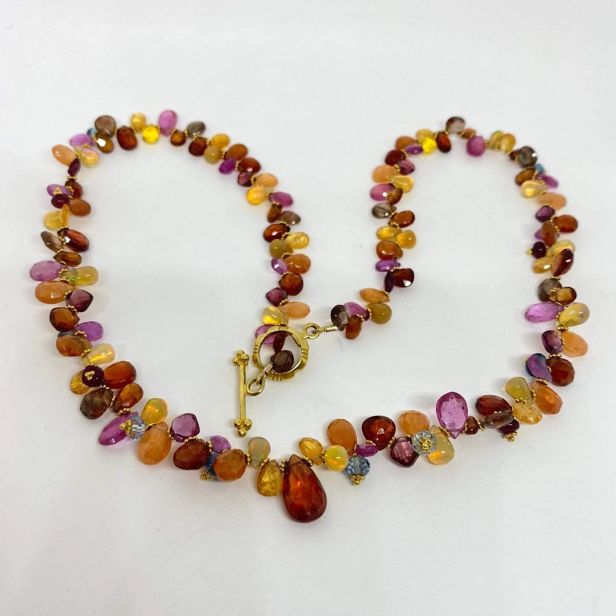 Natural Multi Colored Gemstone Necklace Summer Briolette Garnet Opal Sap. 18KY