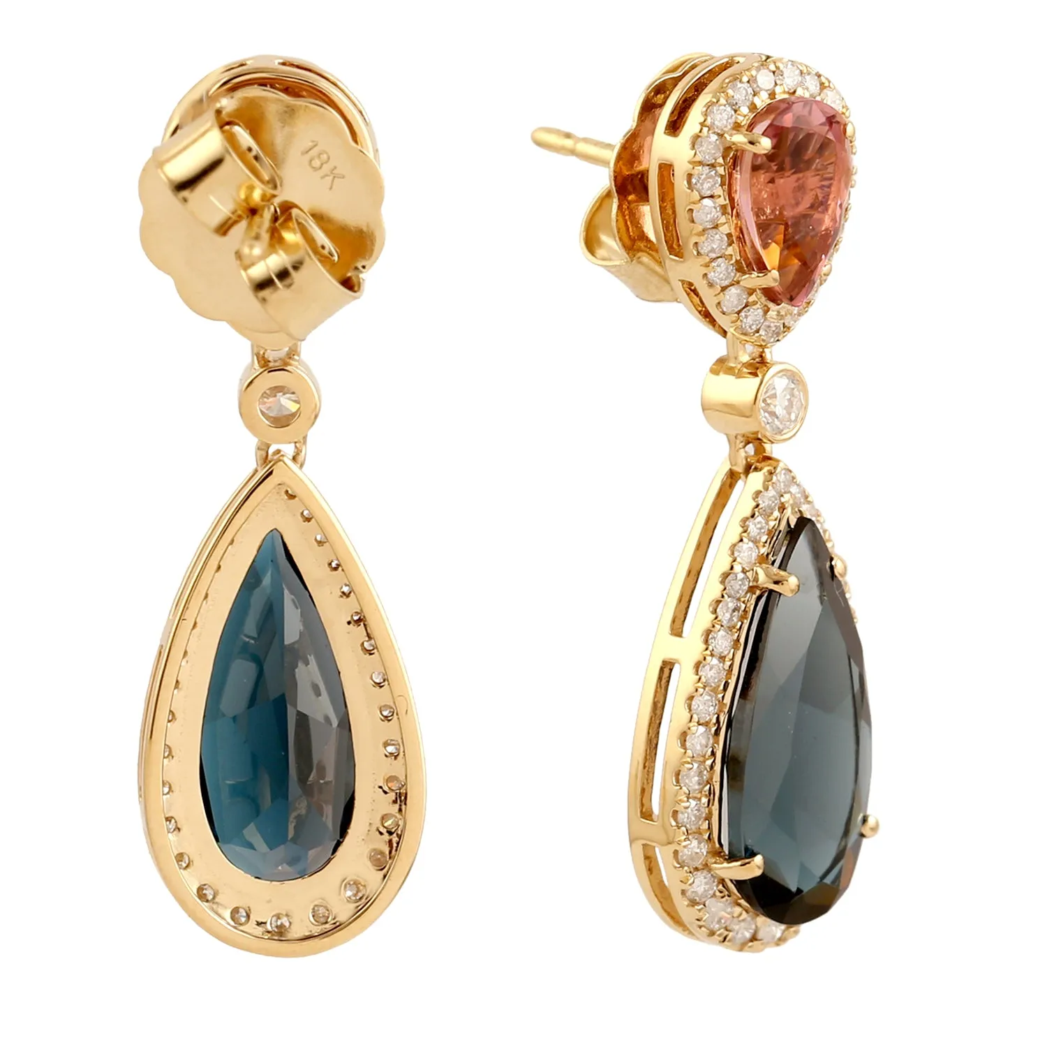 Natural Multicolor Tourmaline, Topaz & Diamond Tear Drop Drop Dangle Earrings In 18k Yellow Gold