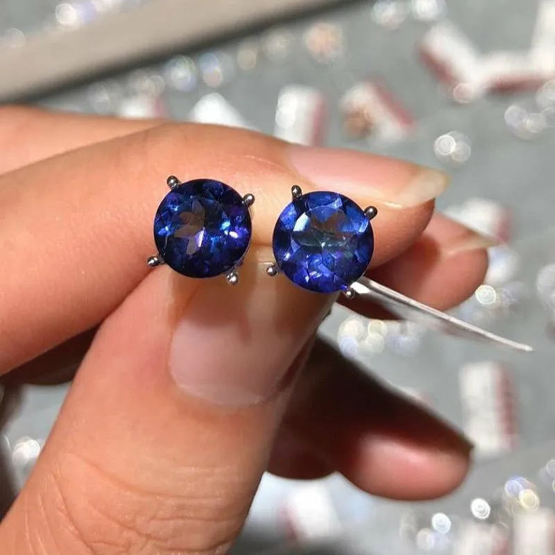 Natural Tanzanite & Silver Stud Earrings - 8mm