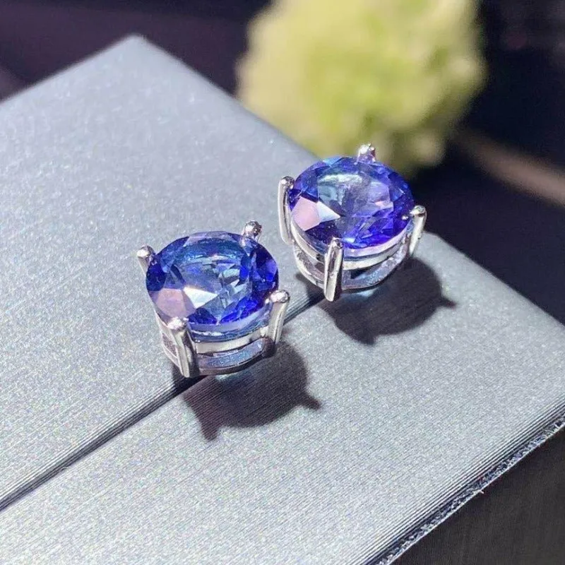 Natural Tanzanite & Silver Stud Earrings - 8mm