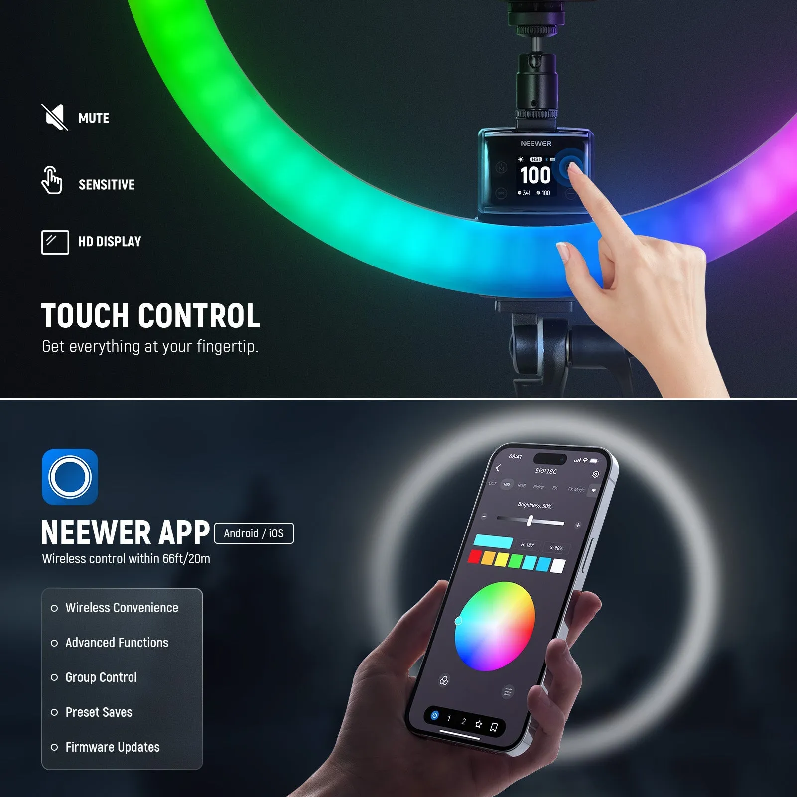 NEEWER SRP18C 2500K-10000K Full Color Ring Light Kit