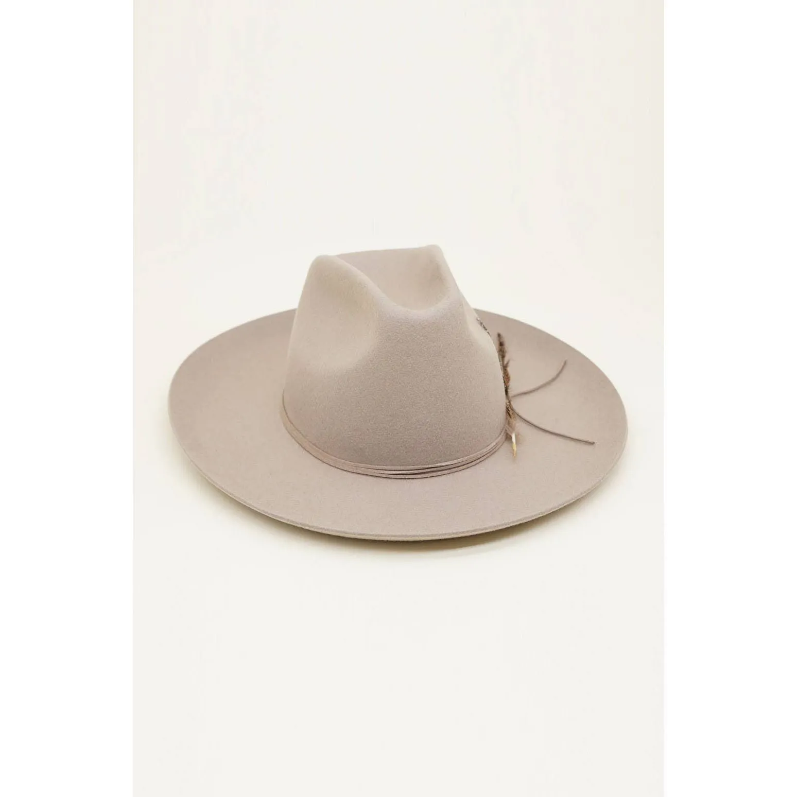 Olive & Pique - Western Cowboy Hat, 100% Wool Felt, Feather Trim, Beige Hat