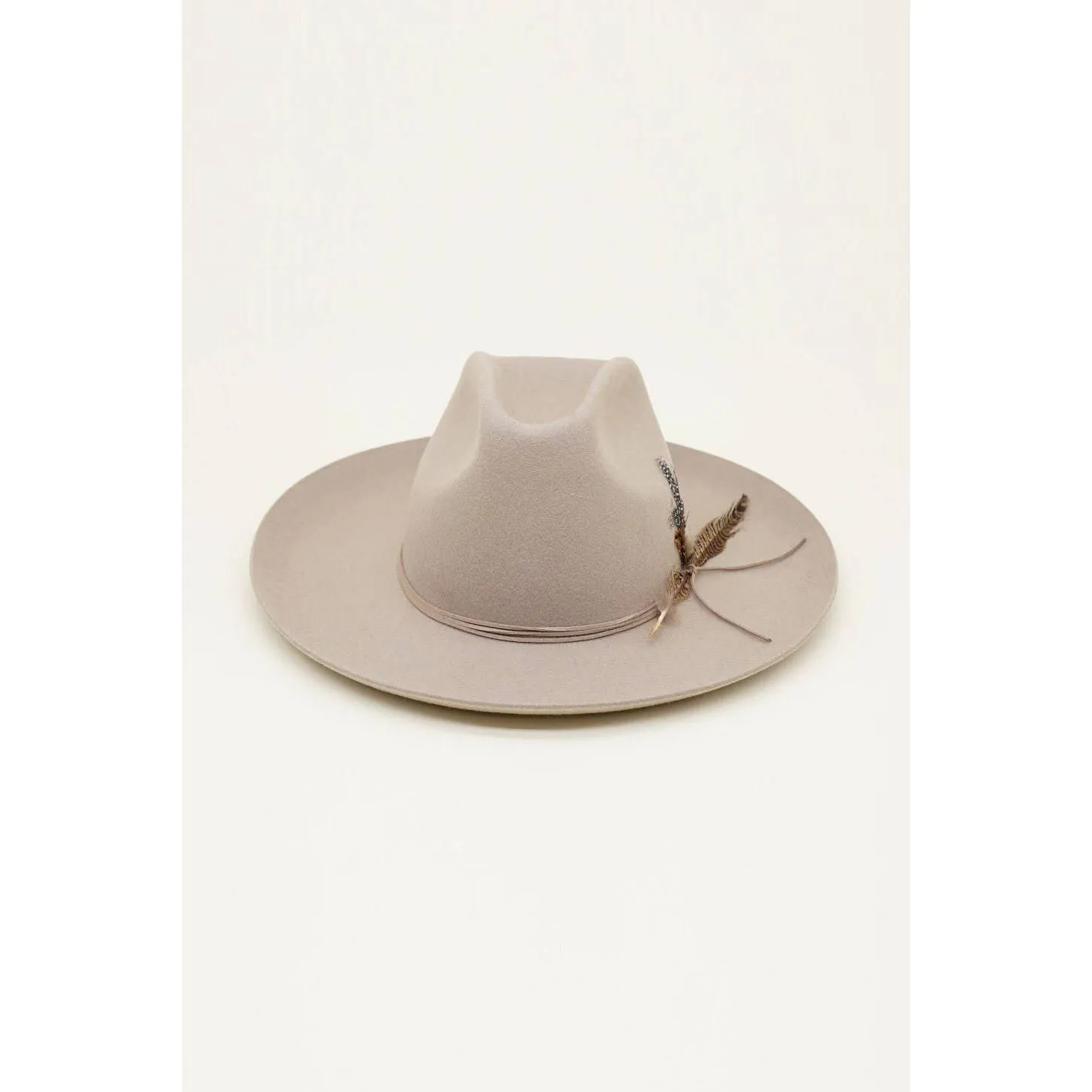 Olive & Pique - Western Cowboy Hat, 100% Wool Felt, Feather Trim, Beige Hat