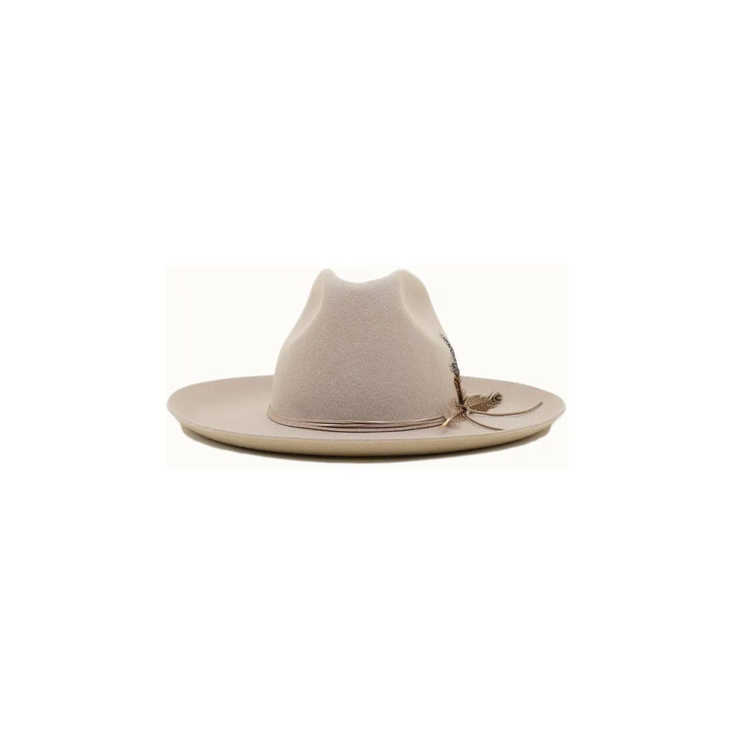 Olive & Pique - Western Cowboy Hat, 100% Wool Felt, Feather Trim, Beige Hat