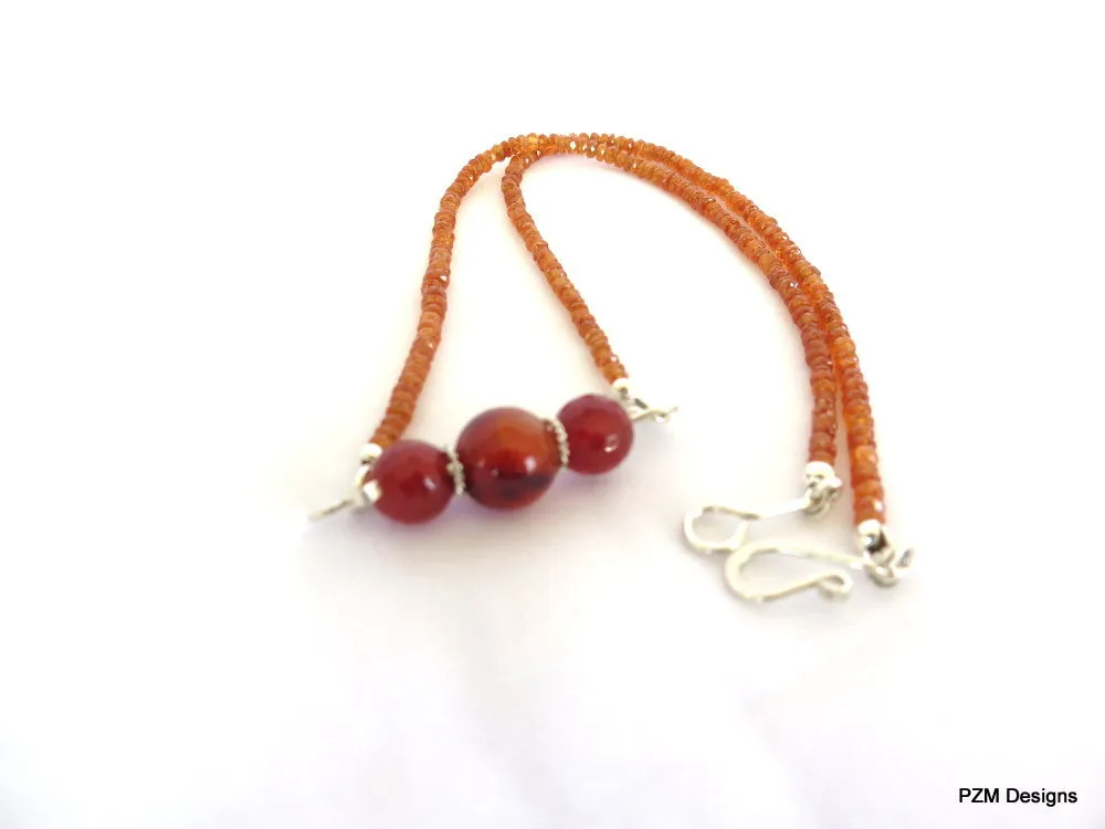 Orange garnet trapeze necklace, spessartite garnet and fire agate gemstone necklace