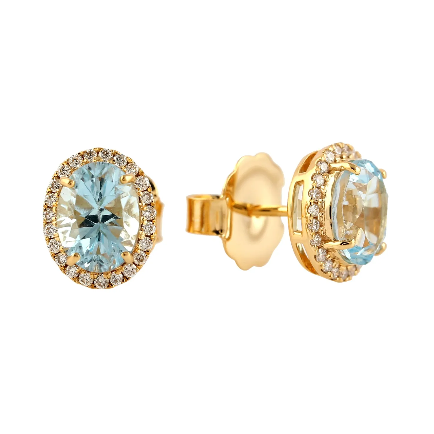 Oval Cut Blue Topaz Pave Diamond Minimal Stud Earrings In 18k Yellow Gold