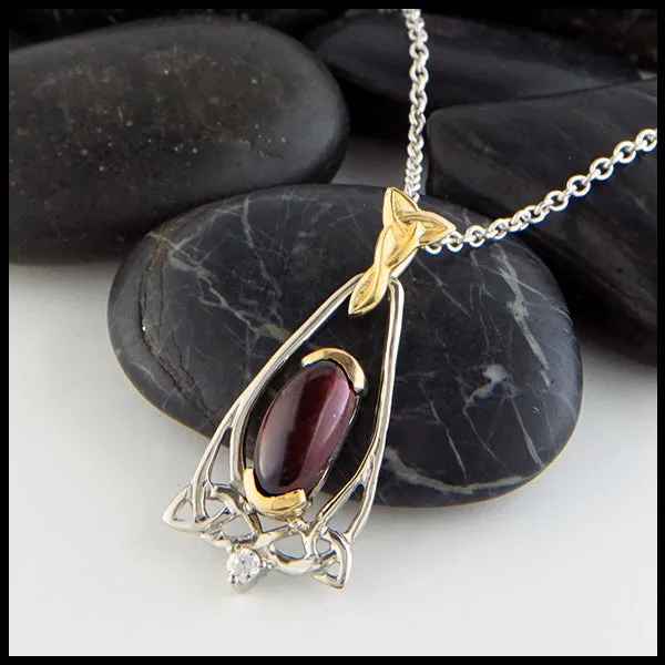 Oval Garnet and Trinity Knot Gold Pendant