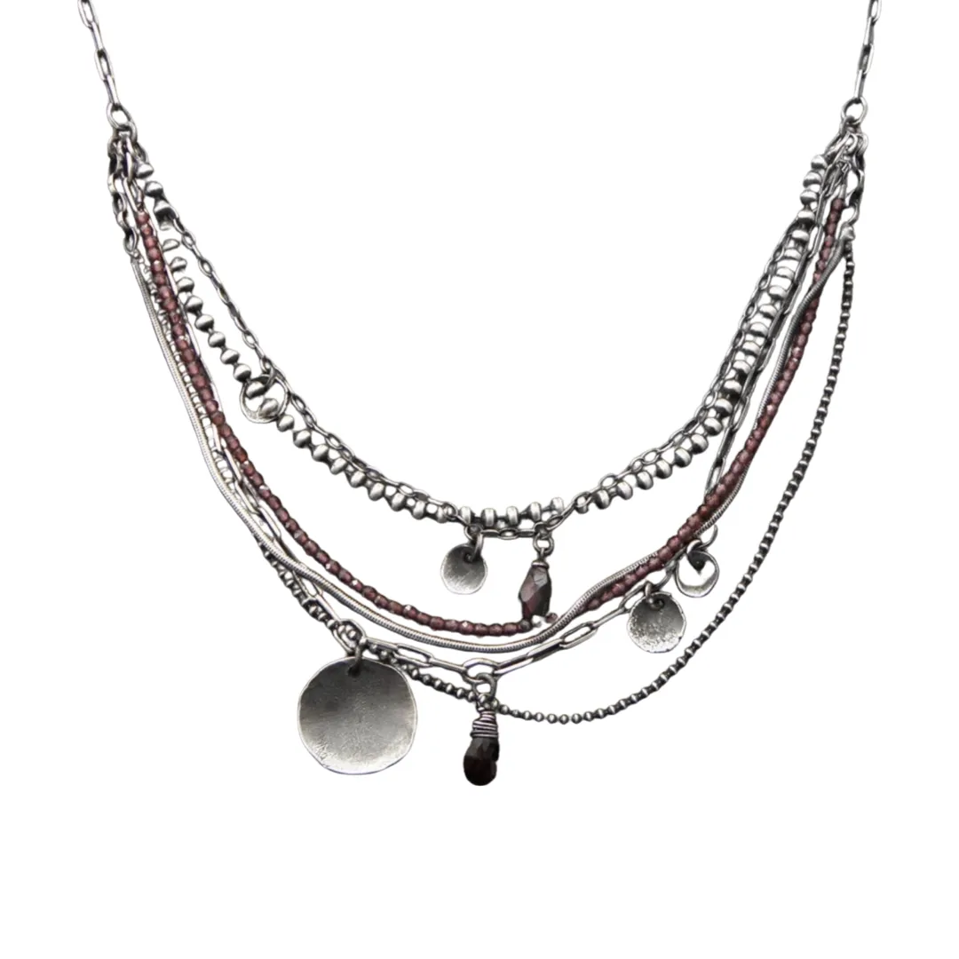 Oxidized sterling silver layered garnet necklace - 110