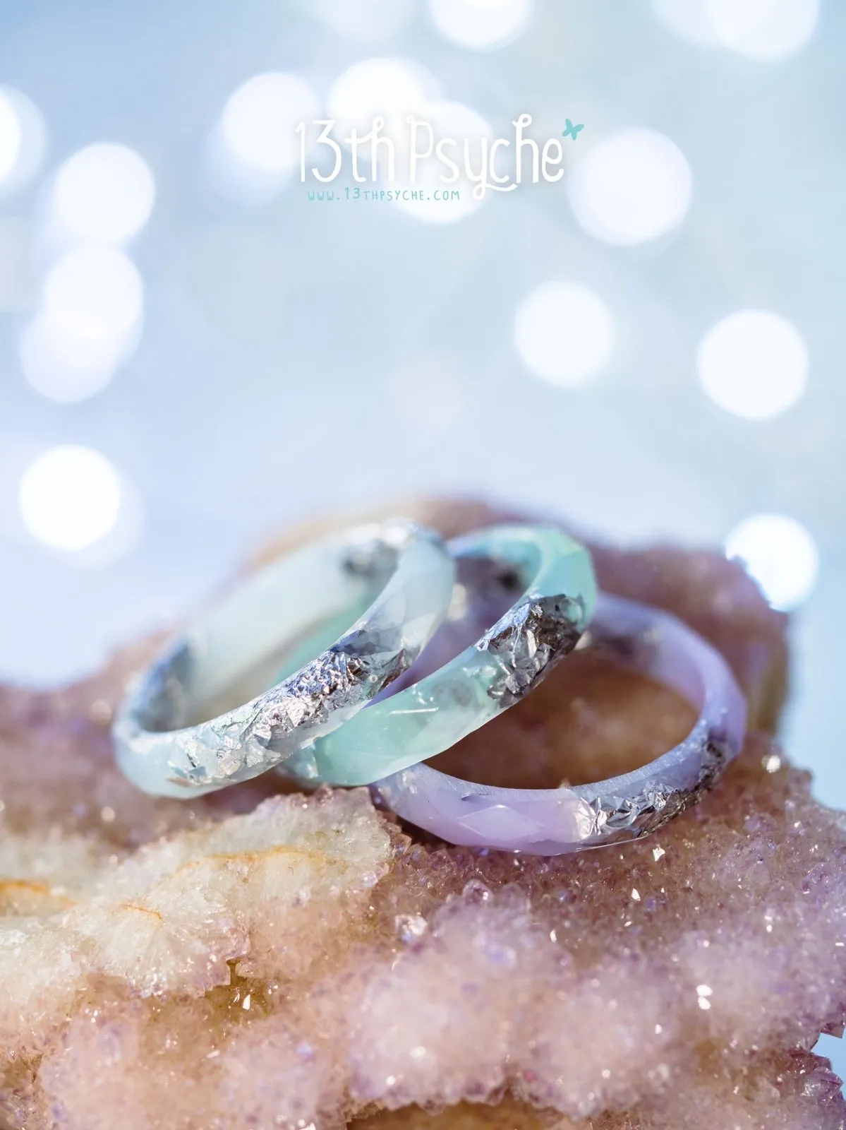 Pastel blue, purple and mint with silver flakes faceted resin ring set of 3